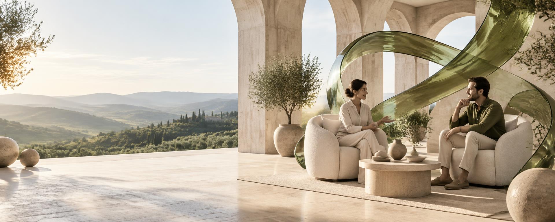 A sunlit terrace with a sculptural glass ribbon